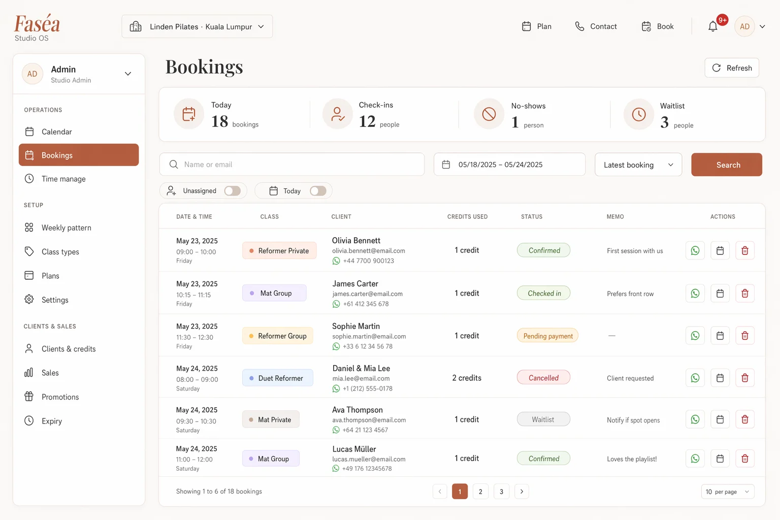 Faséa bookings list
