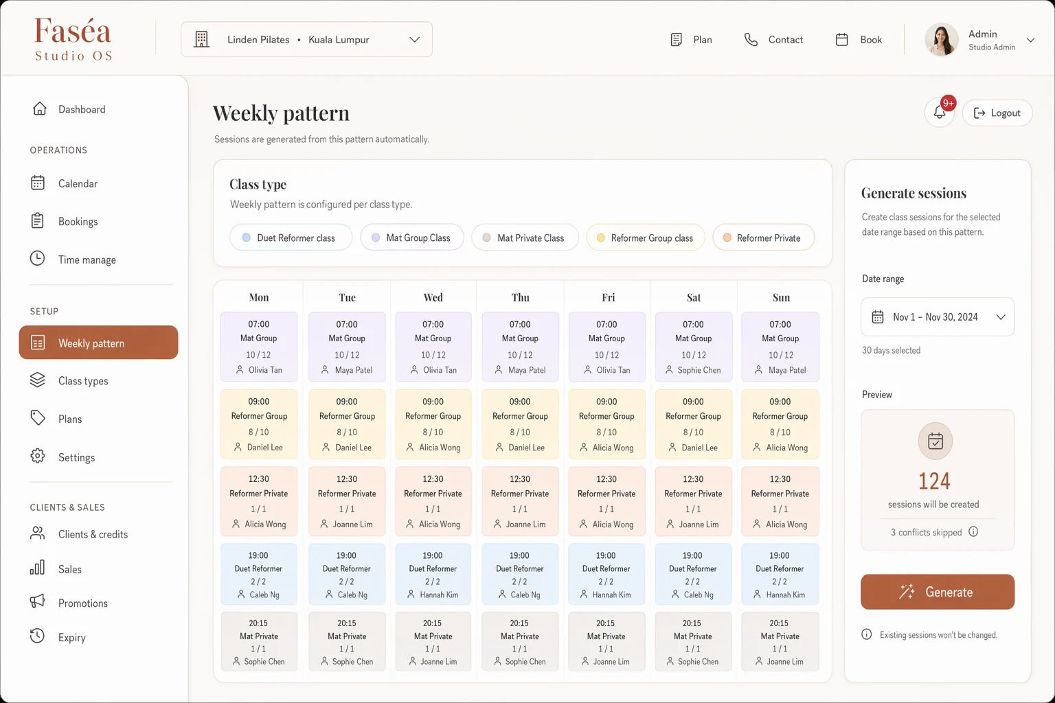 Faséa weekly pattern session generator