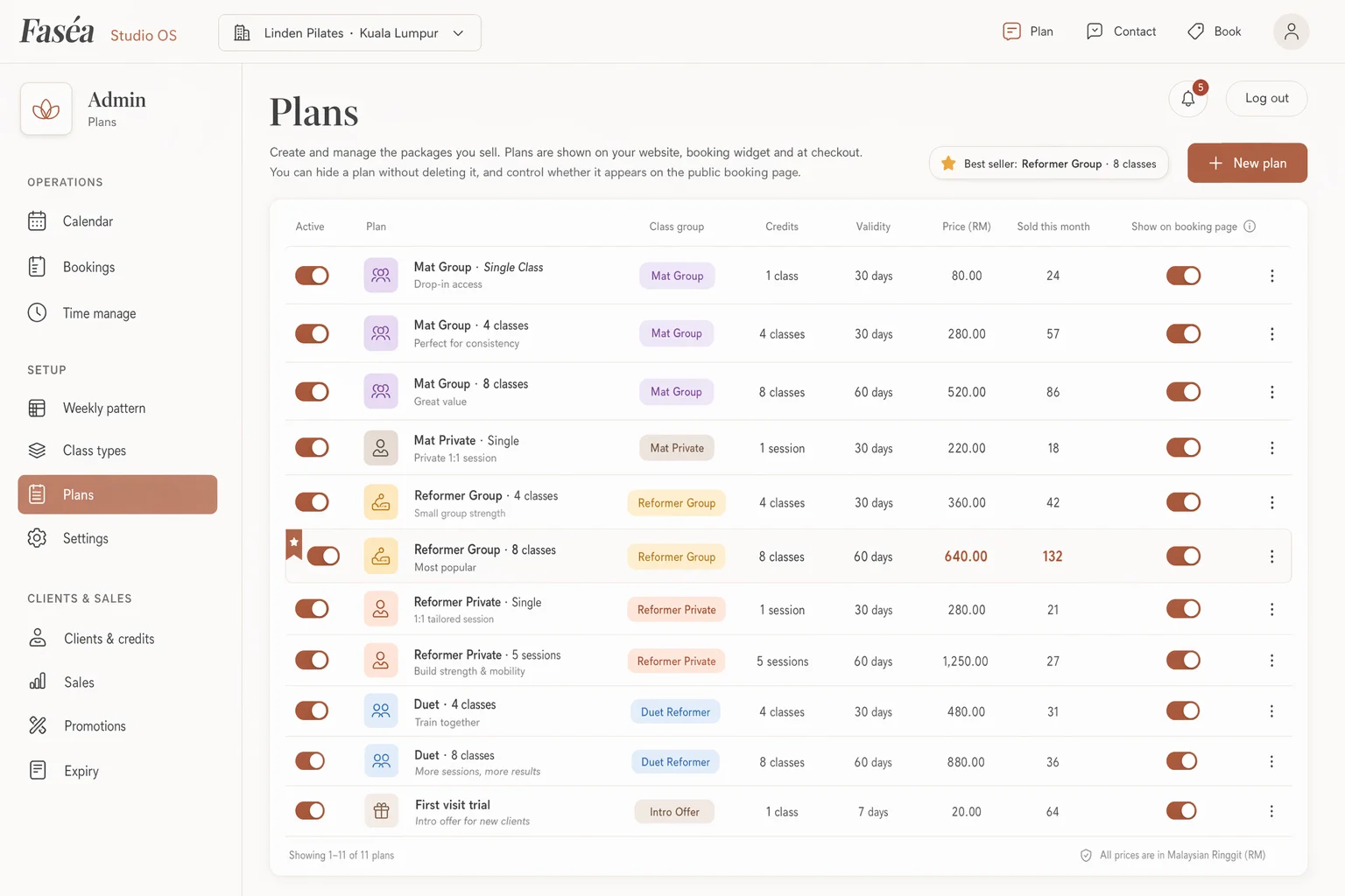 Faséa class plans and packages