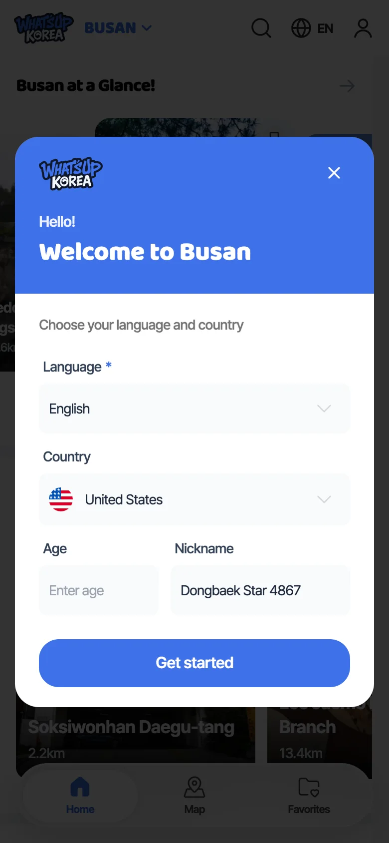 Welcome screen: choose language and country